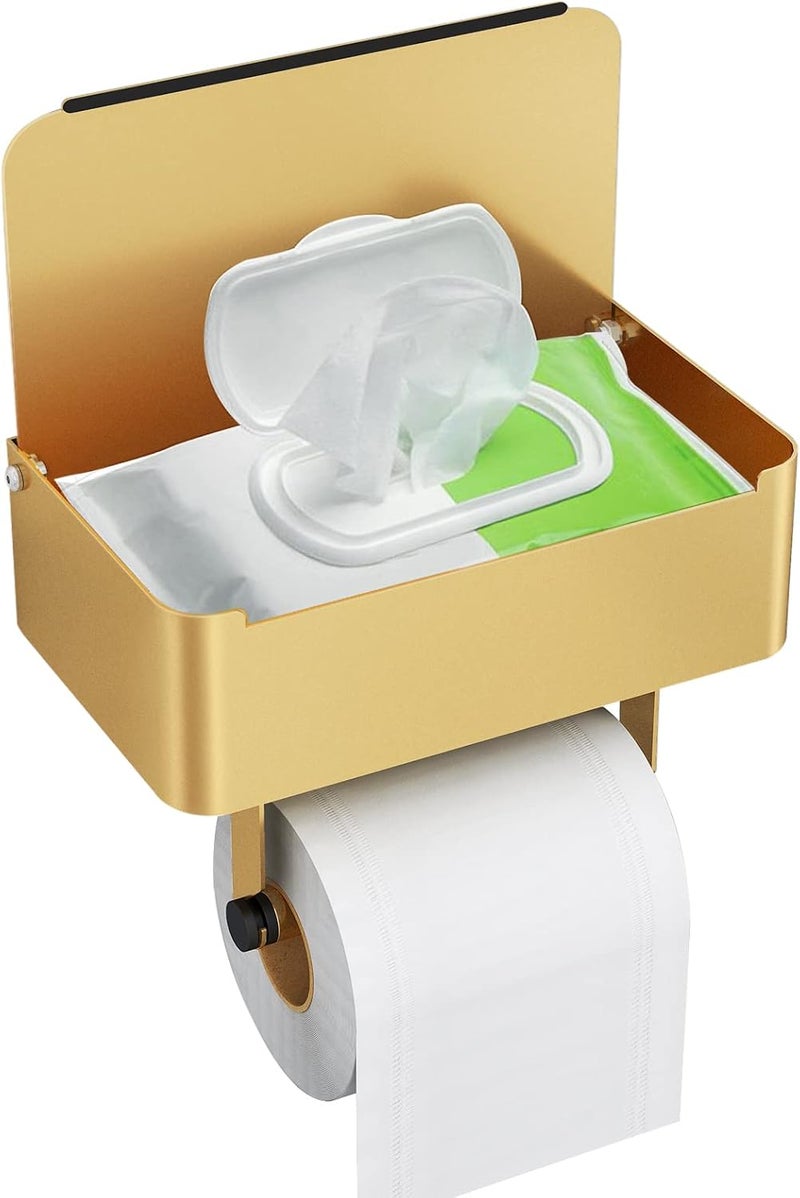 JUYSON Toilet Paper Holder with Shelf, Flushable Wipes Dispenser Fits for Bathroom Wipe Storage, Keep Your Wipes Hidden Out of Sight - SUS304 Stainless Steel Wall Mount Organizer (Color Gold) - Image 1